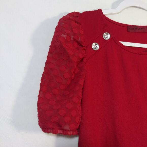Love Scarlett Red Short Sheer Puff Sleeve Swiss Dot Size PL - Picture 3 of 8